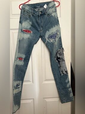 mnml Bandana Grim Reaper Skinny Blue Jeans Distressed Stretch Denim- Men’s